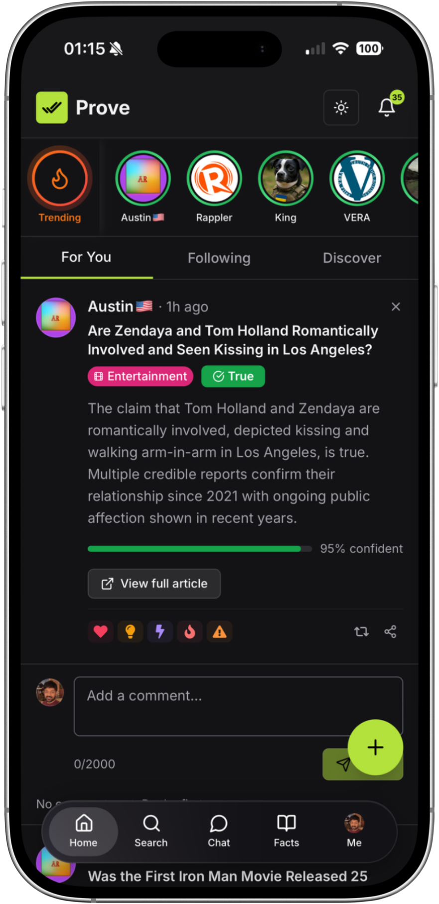 The Prove mobile feed showing a fact-checked claim with visible sources, a true verdict, and confidence context.